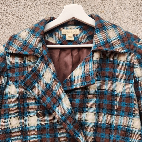 STETSON Women's Pea Coat Medium Plaid Blue Wool Blend Lined Outdoors - Picture 2 of 10